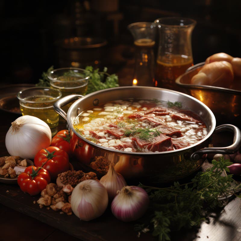 Ingredients for Hearty Meat Soup Fresh Meat in Kitchen Scene Stock