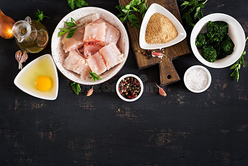 Ingredients for Homemade Fish Cake Cod, Spinach, Egg and Breadcrumbs