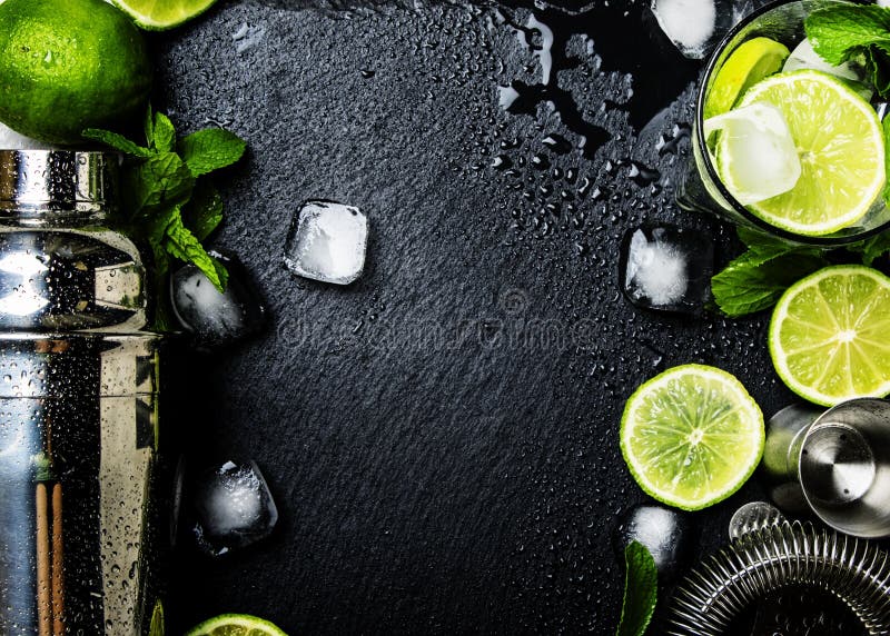 Ingredients for Making Alcoholic Summer Cocktail and Bar Tools, Stock