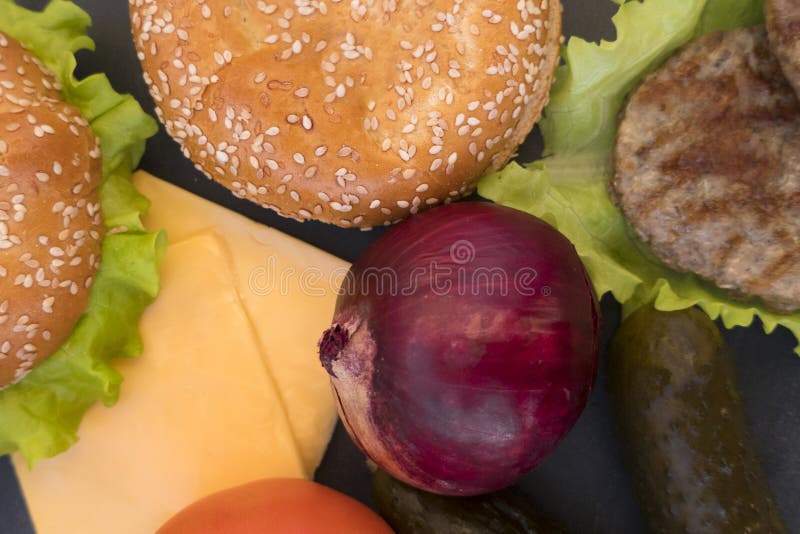 Ingredients for Making a Hamburger Stock Photo Image of fried, rolls