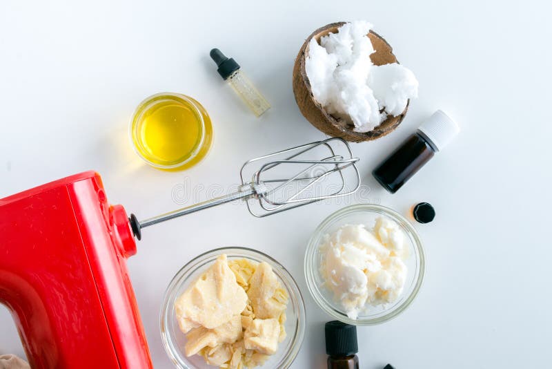 ingredients for making moisturizing body butter at home. top view with space for text