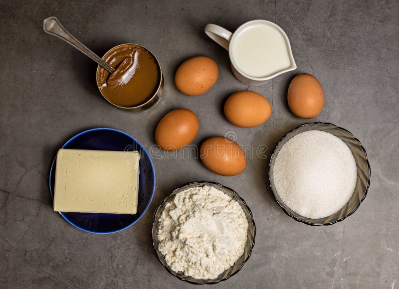 Ingredients for Making Waffles at Home. Eggs, Flour, Milk, Sugar