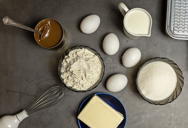 Ingredients for Making Waffles at Home. Eggs, Flour, Milk, Sugar