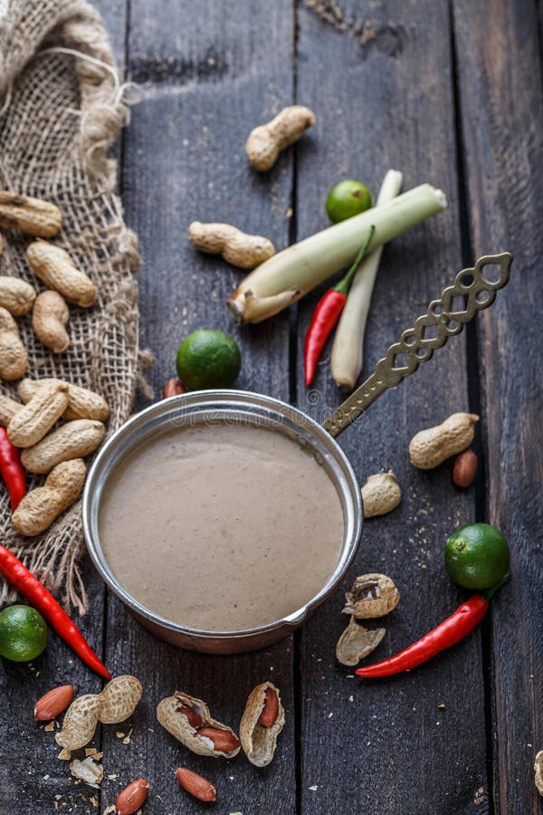 Ingredients for Peanut Sauce on a Table, Copy Space. Stock Image