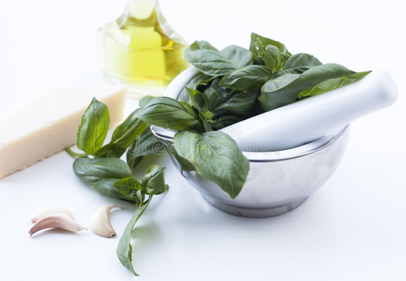 Ingredients for Pesto alla Genovese - basil, parmesan, garlic, o