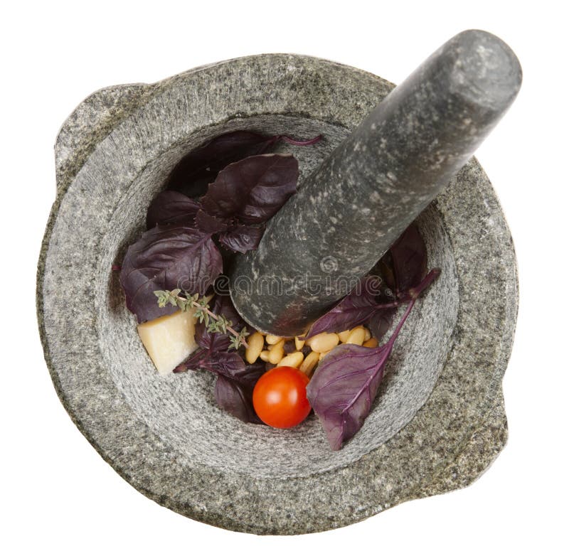 Ingredients of Pesto Sauce in Mortar, Isolated Stock Image Image of