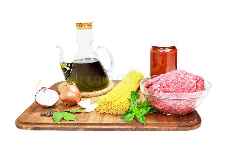 Ingredients of spaghetti Bolognese