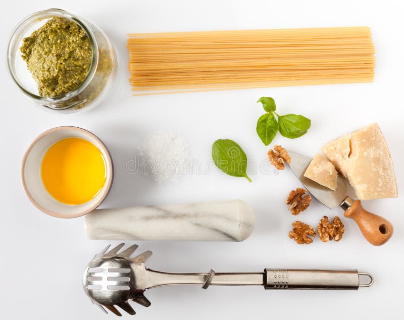Ingredients for Spaghetti with Pesto Stock Image Image of basil