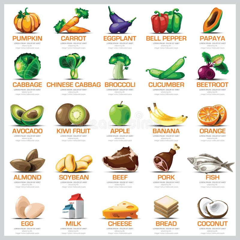 Ingrédients fruit et viande végétaux figés par icônes pour la nutrition Foo illustration libre de droits Ingrédients fruit et viande végétaux figés par icônes pour la nutrition Foo illustration libre de droits