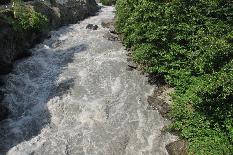 Inguri River. Strong Current and High Level in the River Stock