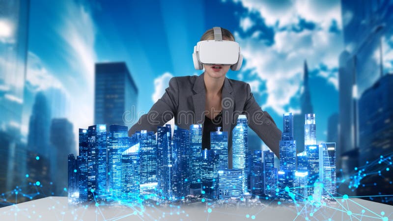 Civil engineer analyzing with rotating tower skyscraper hologram virtual graphic via VR future global innovation network technology community intelligent cityscape urban planning center. Contraption. Civil engineer analyzing with rotating tower skyscraper hologram virtual graphic via VR future global innovation network technology community intelligent cityscape urban planning center. Contraption.