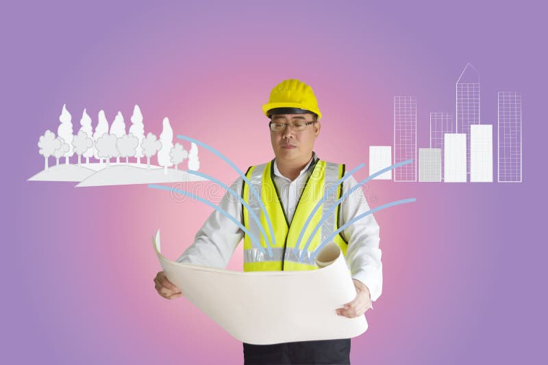 Ingénieur de construction asiatique tenant le papier La forêt et le bâtiment sont les lignes tirées de griffonnage Concept d'équi illustration stock Ingénieur de construction asiatique tenant le papier La forêt et le bâtiment sont les lignes tirées de griffonnage Concept d'équi illustration stock