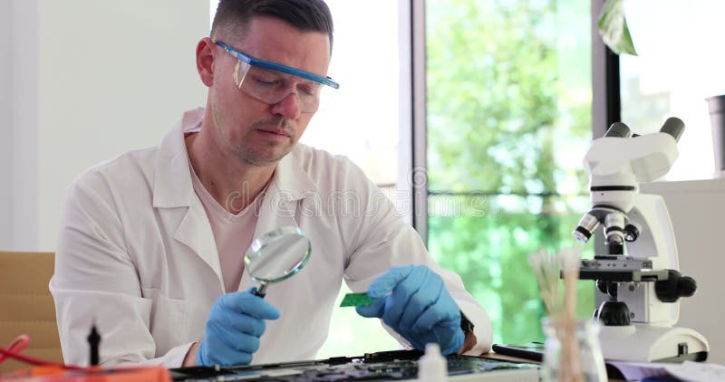 Ingénieur mâle pensif dans les lunettes utilise la loupe pour étudier le microcircuit