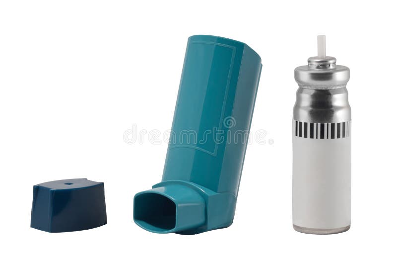 Parts of an asthma inhaler, isolated on white background. The mouth, cap and spray parts of the asthmatic medicine is separately photographed. Parts of an asthma inhaler, isolated on white background. The mouth, cap and spray parts of the asthmatic medicine is separately photographed.