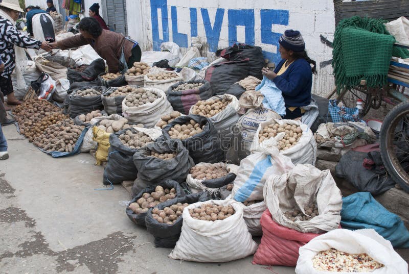 Inheemse vrouwen die aardappels voor straat verkopen die in Huancayo winkelen stock foto Inheemse vrouwen die aardappels voor straat verkopen die in Huancayo winkelen stock foto
