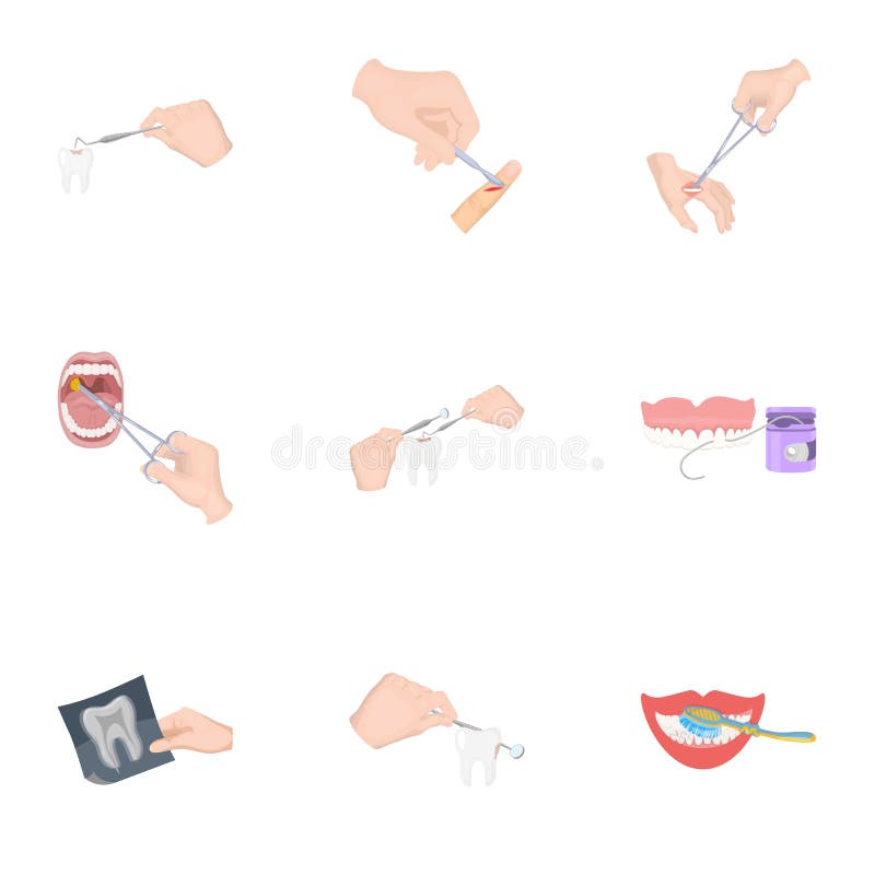 Anesthetic injection, examination of the tooth and other icon in cartoon style. wound treatment, vision check icons in set collection. Anesthetic injection, examination of the tooth and other icon in cartoon style. wound treatment, vision check icons in set collection.