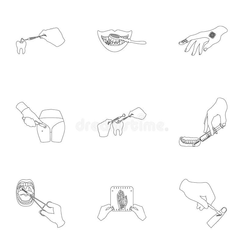 Anesthetic injection, examination of the tooth and other icon in outline style. wound treatment, vision check icons in set collection. Anesthetic injection, examination of the tooth and other icon in outline style. wound treatment, vision check icons in set collection.