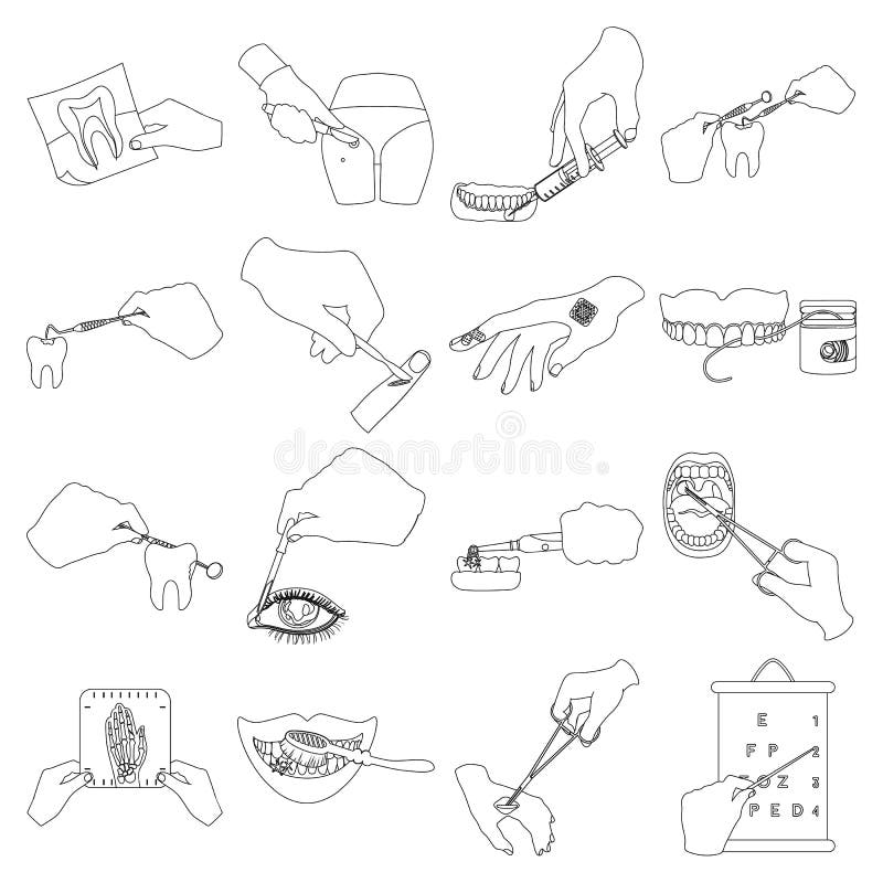 Anesthetic injection, examination of the tooth and other icon in outline style. wound treatment, vision check icons in set collection. Anesthetic injection, examination of the tooth and other icon in outline style. wound treatment, vision check icons in set collection.
