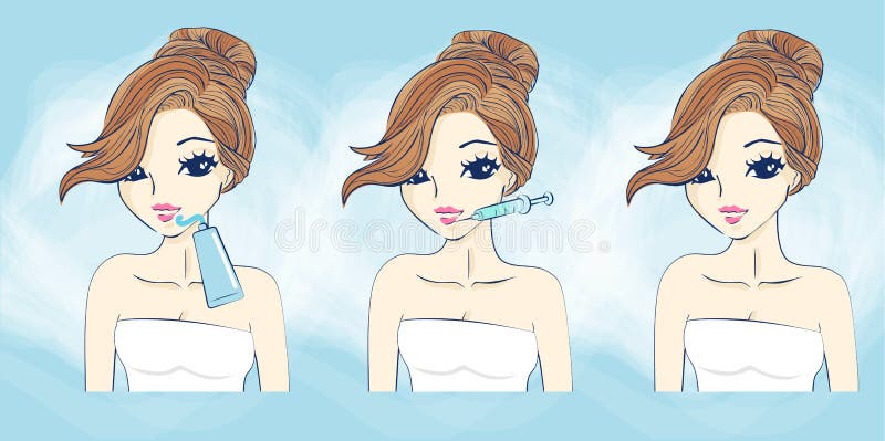 Cartoon young woman receiving plastic surgery injection on her mouth. Cartoon young woman receiving plastic surgery injection on her mouth