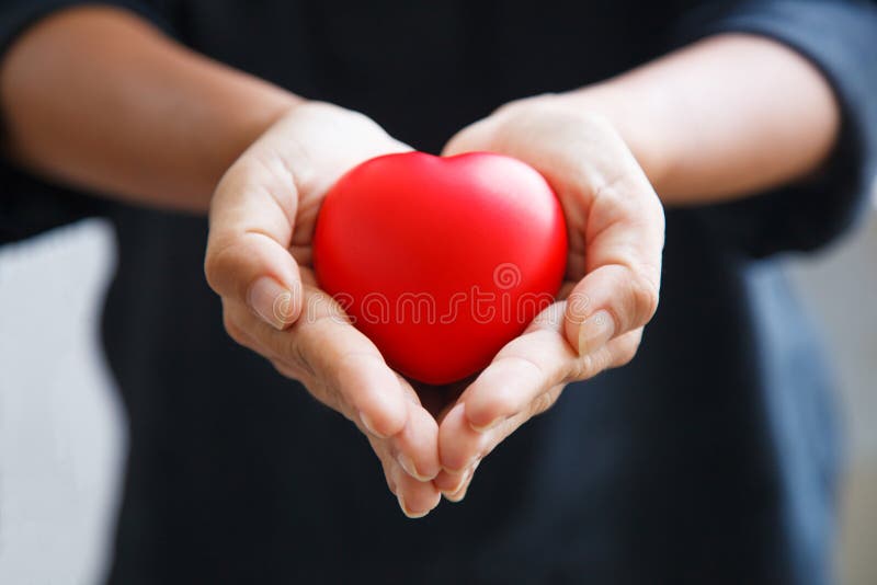 Inima roșie deținută de femele ambele mâini reprezintă ajutarea mâinilor care au grijă de dragoste și simpatie, relația cu clienți royalty free stock photos