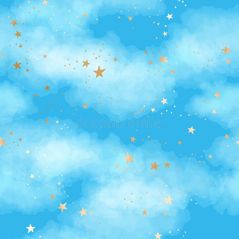 Ininterrumpido patrón de cielo nocturno azul brillante con estrellas de constelaciones de papel dorado y nubes acuarelas