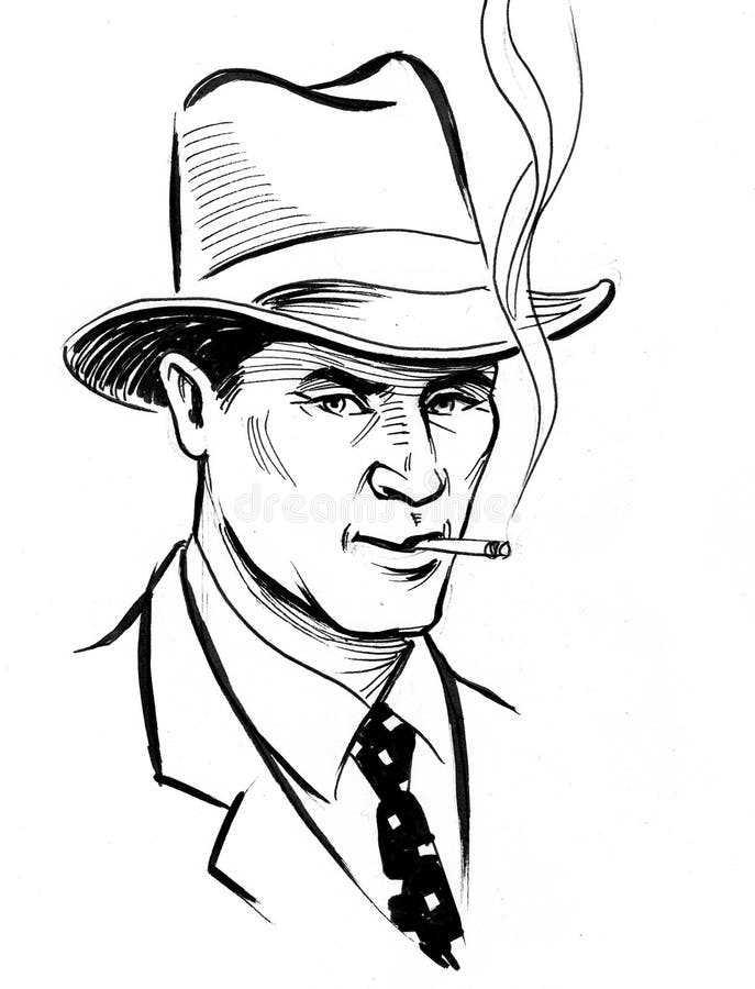 Smoking man Ink black and white drawing of smoking man in hat  CanStock