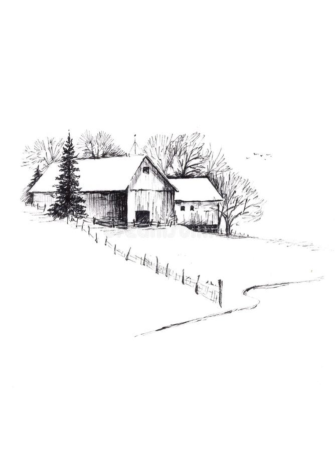 Ink drawing of a barn with snow, trees, and a fence. Ink drawing of a barn with snow, trees, and a fence