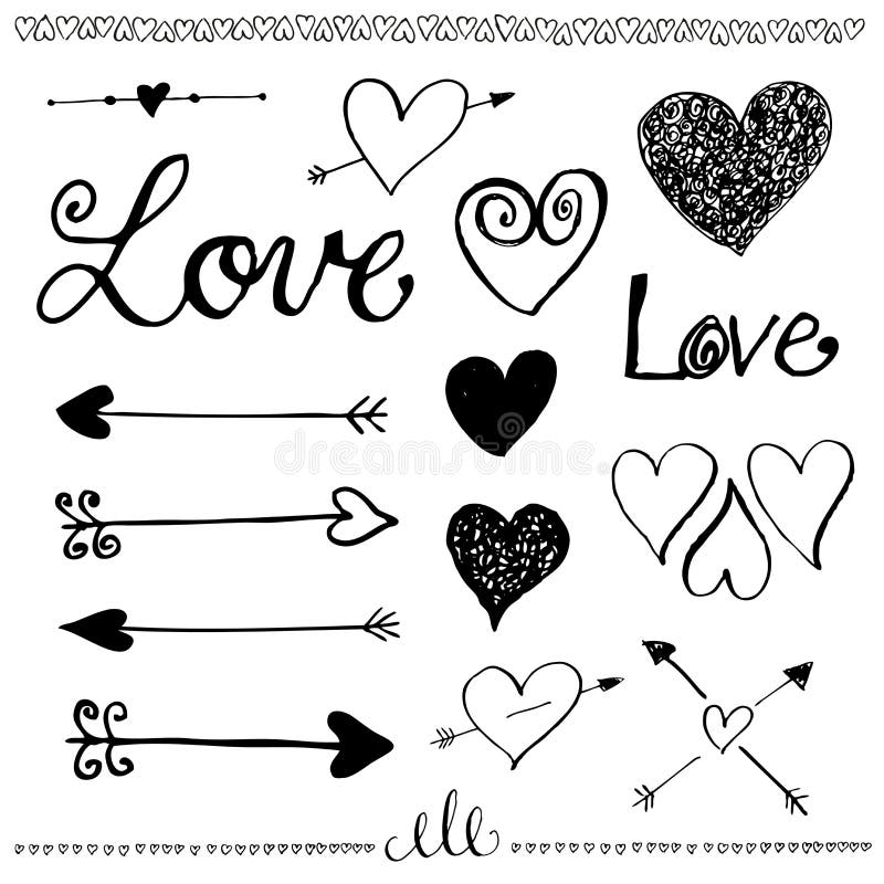Ink hand-drawn doodle love set. Heart and arrow. vector illustration Ink hand-drawn doodle love set. Heart and arrow. vector illustration