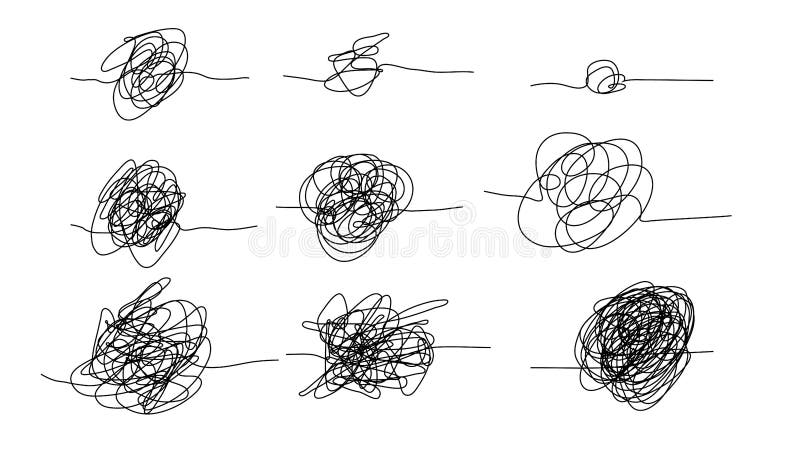 Ink knot line elements. Messy clew symbols for chaos and simplifying concept. royalty free illustration
