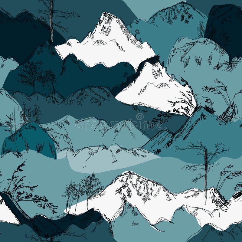 Ink Mountain Landscape on a White Background. Seamless Vector Pattern ...