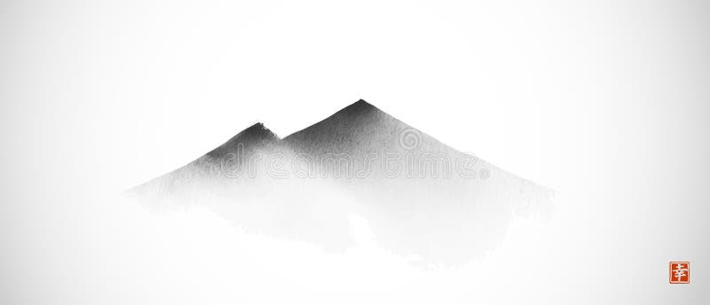 Ink painting of far misty mountains in simple minimalist style on white background. Traditional oriental ink painting