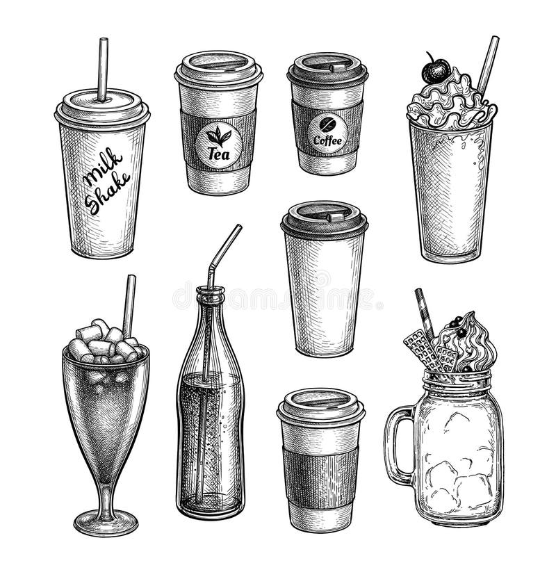 Milkshake in paper or plastic cup with lid and drinking straw. Ink sketch  isolated on white background. Hand drawn text. Vector illustration. Retro  style. 20271898 Vector Art at Vecteezy