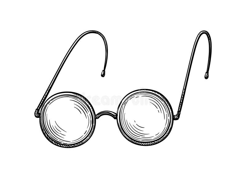 Ink sketch of vintage eyeglasses. Vintage round glasses. Ink sketch isolated on white background. Hand drawn vector illustration. Retro style