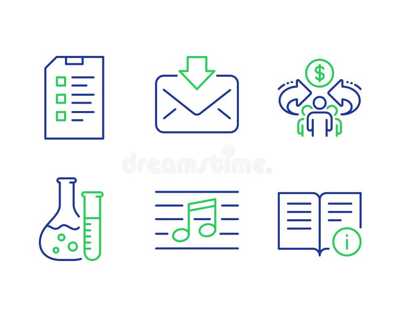 Inkomende e-mail- en Sharing Economics-pictogrammen Muzieknotitie, scheikundeslab en technische info-borden Vector stock illustratie Inkomende e-mail- en Sharing Economics-pictogrammen Muzieknotitie, scheikundeslab en technische info-borden Vector stock illustratie