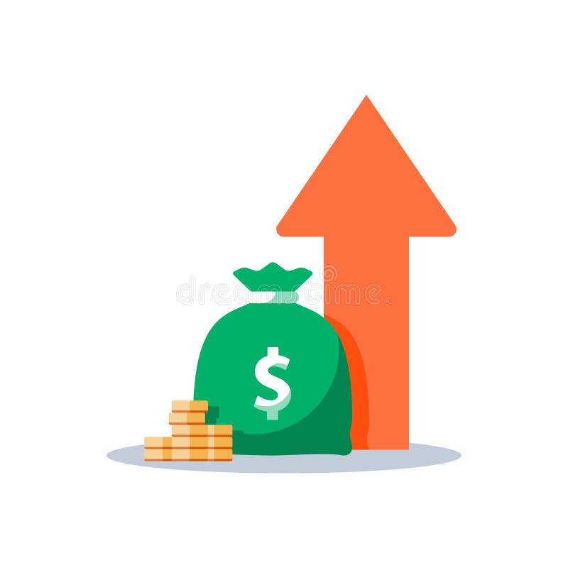 Income increase, financial strategy, high return on investment, budget balance, fund raising, long term increment, revenue growth, interest rate, loan installment, credit money, vector flat icon. Income increase, financial strategy, high return on investment, budget balance, fund raising, long term increment, revenue growth, interest rate, loan installment, credit money, vector flat icon