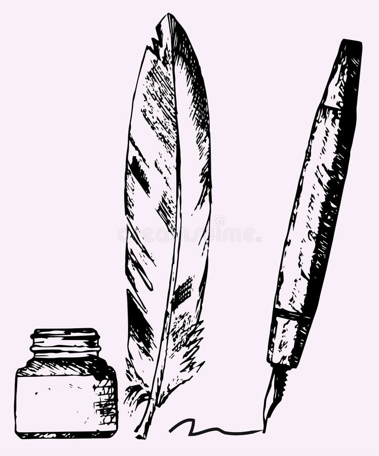 Inkwell, feather, pen