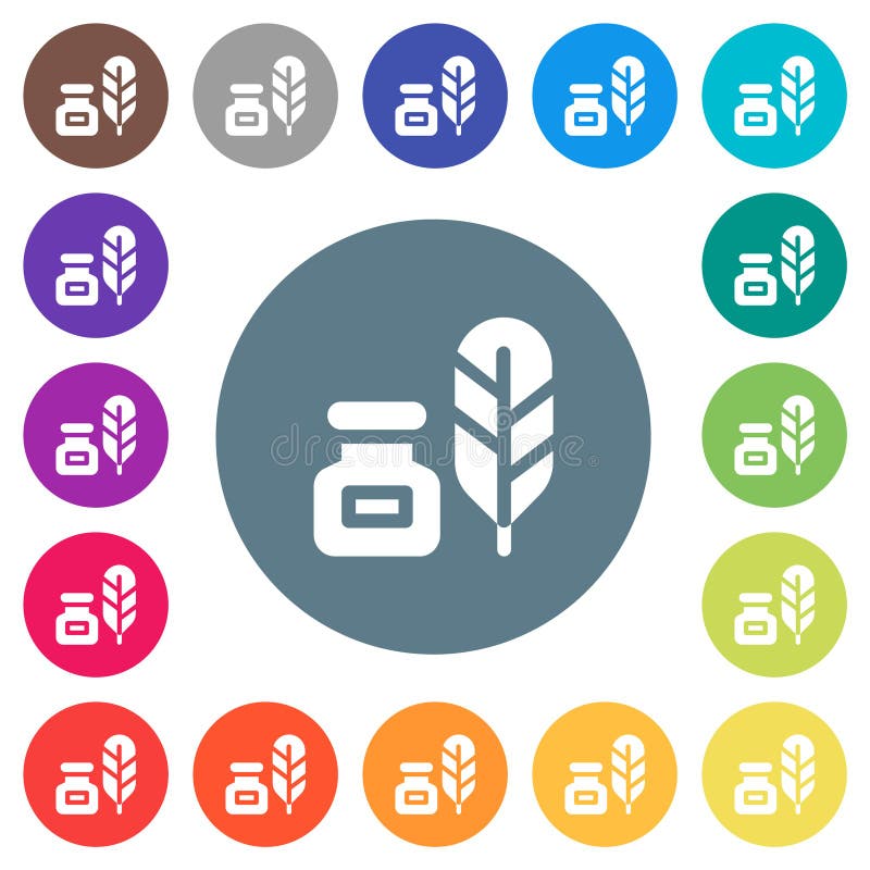Inkwell and quill solid flat white icons on round color backgrounds royalty free illustration