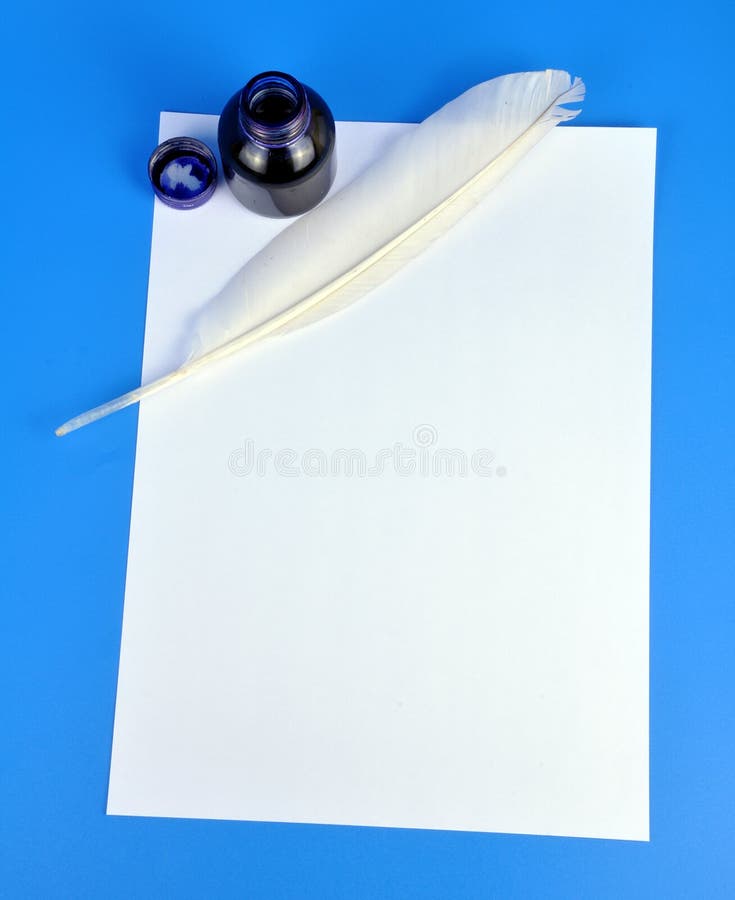 Inkwell and quill on white paper. Inkwell and quill on white paper