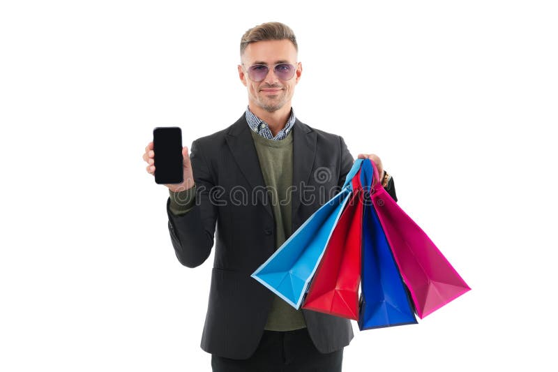 Inköp online. Köp och betala online. Betala online i Internetbutiken. Stora rabatter och köp. Man köper shopping arkivfoto