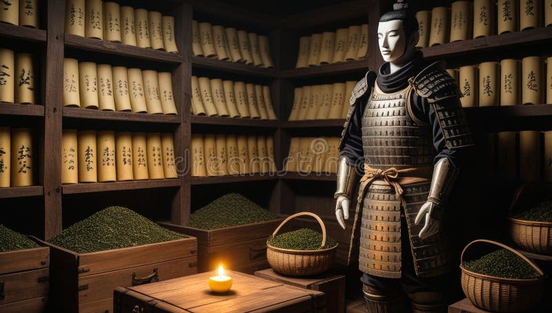 Innanför ett japanskt Tea House med Ancient Scrolls och Samurai Armor Display royaltyfri illustrationer