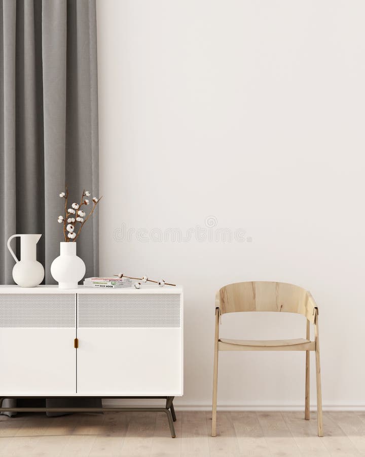 Interior with a white chest of drawers, gray curtain, vases and wooden chair / 3D illustration, 3d render. Interior with a white chest of drawers, gray curtain, vases and wooden chair / 3D illustration, 3d render