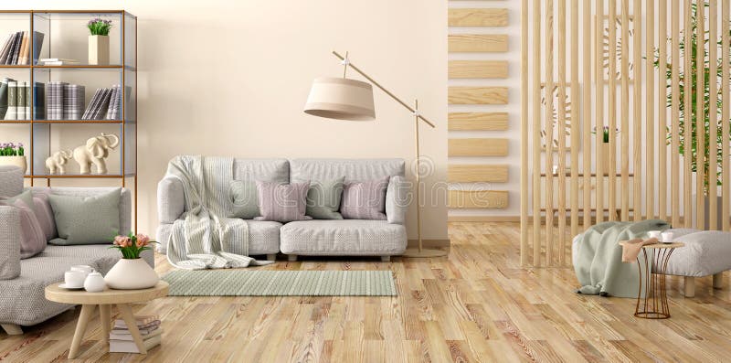 Innenarchitektur des modernen Wohnzimmers mit grauem Sofa, Bücherregal mit Büchern und Blume, Wiedergabe 3d lizenzfreie abbildung Innenarchitektur des modernen Wohnzimmers mit grauem Sofa, Bücherregal mit Büchern und Blume, Wiedergabe 3d lizenzfreie abbildung