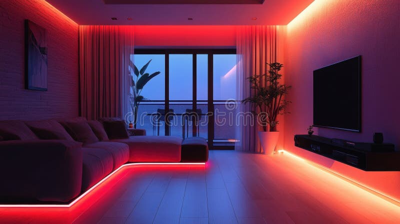 Innenbeleuchtung Ideen modernes Wohnzimmer mit lebhaften Lichtern aus Blei, die ein zeitgenössisches und stilvolles Ambiente ausst stockfotografie
