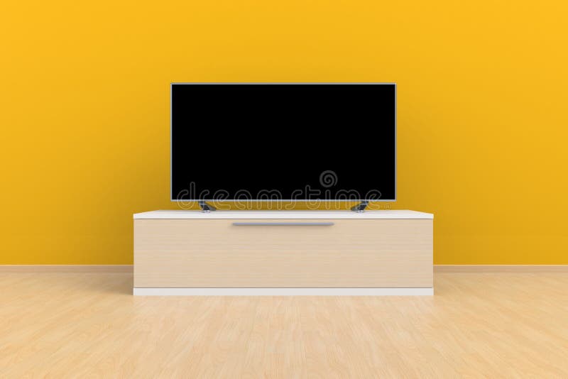 Innenraum des leeren Raumes mit Fernsehen, Wohnzimmer führte Fernsehen auf gelber Wand mit moderner Dachbodenart des Holztischs stock abbildung Innenraum des leeren Raumes mit Fernsehen, Wohnzimmer führte Fernsehen auf gelber Wand mit moderner Dachbodenart des Holztischs stock abbildung