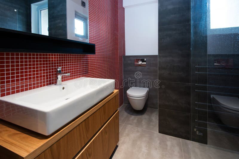 Modernes Badezimmer Mit Den Beige Und Braunen Fliesen Stock Abbildung