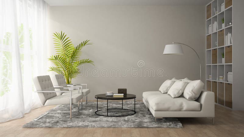 Innenraum des modernen Raumes mit weißem Lehnsessel und Sofa 3D renderi