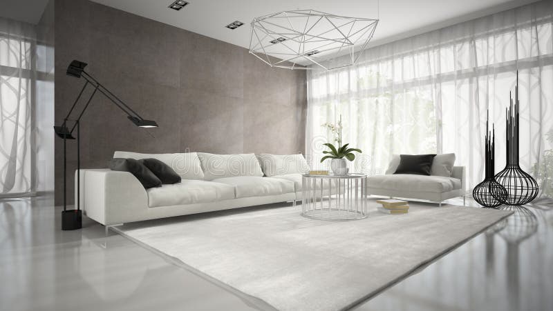 Innenraum des Raumes des modernen Designs mit weißer Wiedergabe der Couch 3D
