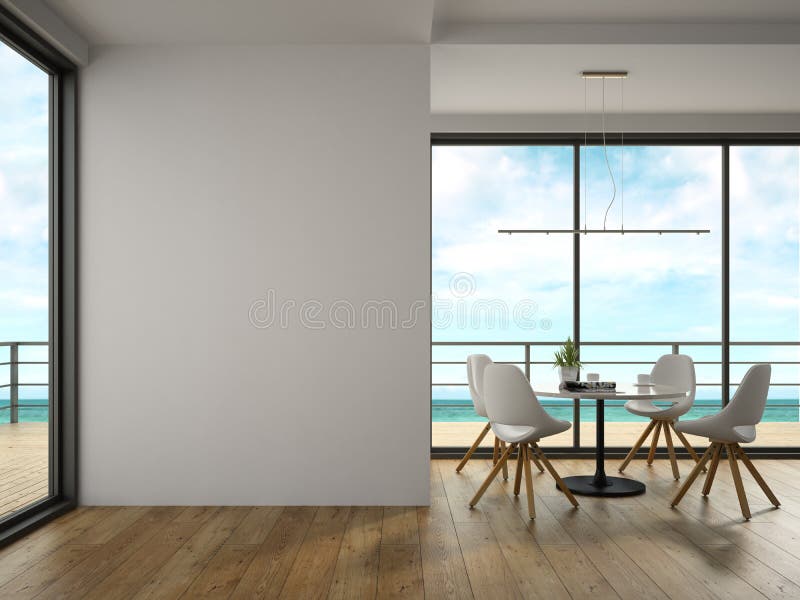 Innenraum des Raumes des modernen Designs mit Wiedergabe der Seeansicht 3D lizenzfreies stockfoto