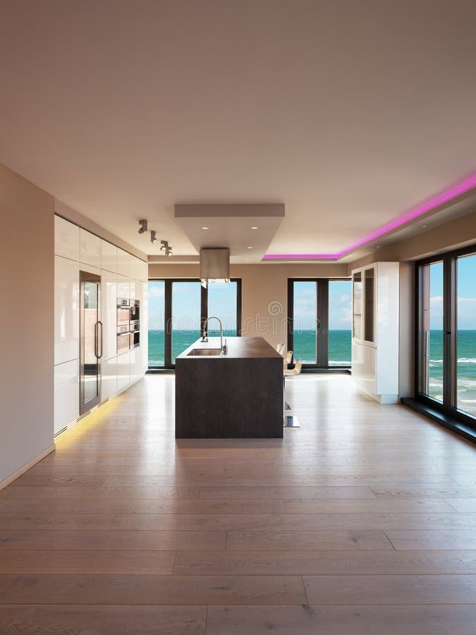Innenraum einer modernen Wohnung, Küche mit Seeansicht lizenzfreies stockbild Innenraum einer modernen Wohnung, Küche mit Seeansicht lizenzfreies stockbild