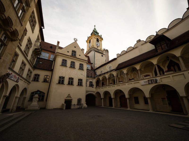 Inner courtyard patio Old town hall Stara Radnica at main square Hlavne Namestie historical center Bratislava Slovakia